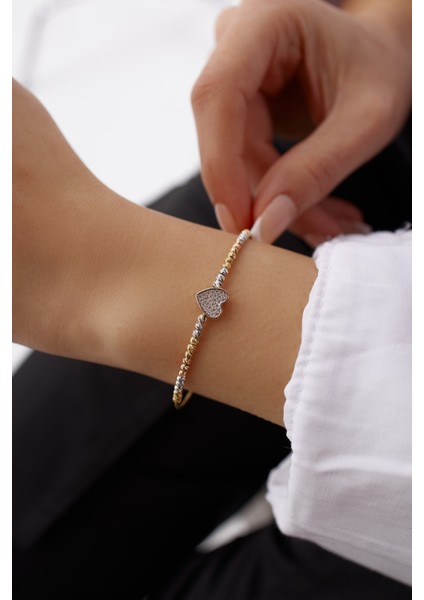 14 Ayar Altın Üç Renk Dorika Toplu Kalp Kelepçe