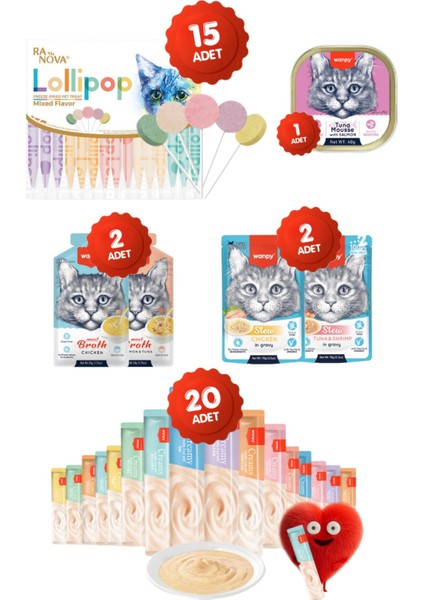 Ödül Seti: Krema Kedi Ödül Maması 60LI + 15LI Karışık Lolipop + 2li Çorba + 2li Pouch + 1 Yaş Mama