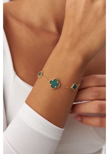 14 Ayar Altın Yeşil Üçlü Yonca Bileklik - Iki Boyut