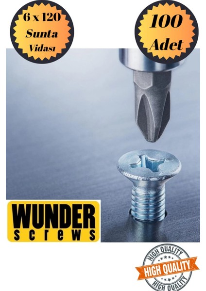 Wunder 6X120 Sunta Vidası Sivri Uçlu Ahşap Tahta Ağaç Mobilya Ayak Kulp Vidası 100 Adet