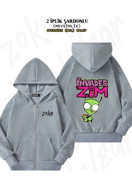 Unisex Invader Zim Gir Snacking Baskılı Oversize Sırt Baskılı Fermuarlı Kapşonlu Hırka