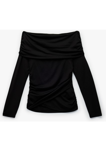 Slim Fit Drape Detaylı Uzun Kollu Omzu Açık Tişört