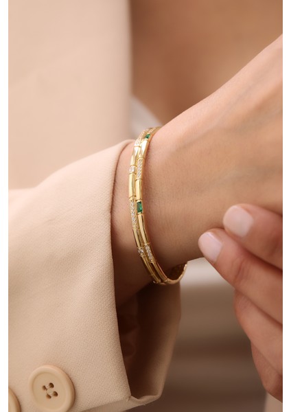 14 Ayar Altın Çift Sıra Yarı Taşlı Zümrüt Kelepçe