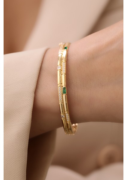 14 Ayar Altın Çift Sıra Yarı Taşlı Zümrüt Kelepçe fiyatları