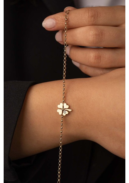 14 Ayar Altın Doch Zincir Yonca Nazarlı Bileklik modelleri