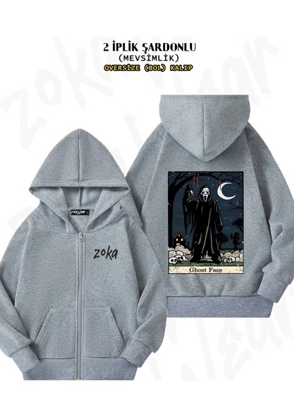 Unisex Ghost Face Tarot Card Baskılı Oversize Sırt Baskılı Fermuarlı Kapşonlu Hırka
