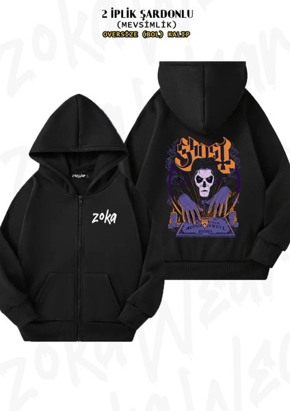 Unisex Goodbye Ghost Baskılı Oversize Sırt Baskılı Fermuarlı Kapşonlu Hırka