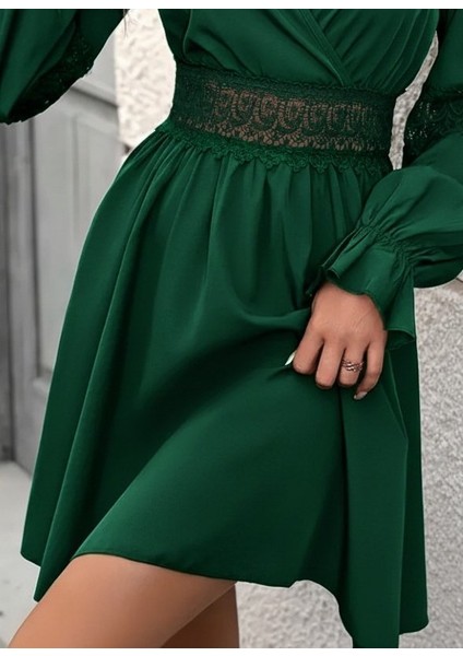 Kadın Uzun Kollu Kruvaze Yakalı Dantelli Fermuar Detaylı Mini Ithal Krep Elbise modelleri