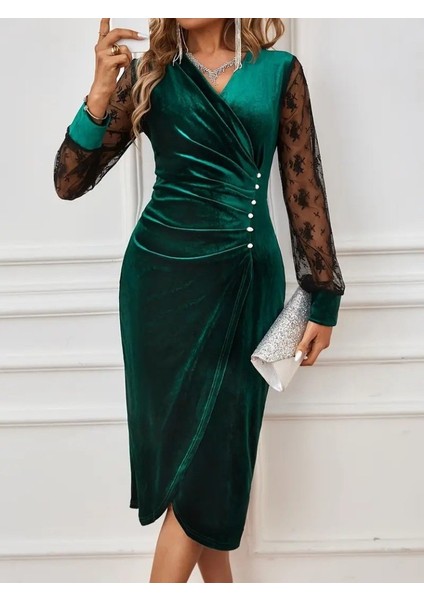 Kadın Uzun Kollu Kruvaze Yakalı Yandan Düğmeli Önden Çapraz Kesin Detaylı Midi Kadife Elbise fiyatları
