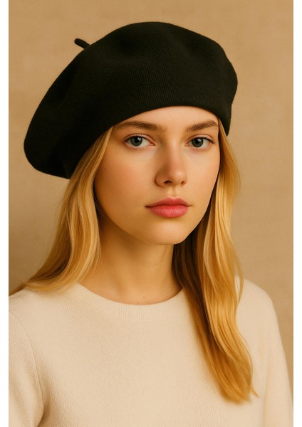 Kadın Siyah Triko Fransız Bere – Yumuşak Dokulu Kışlık Model