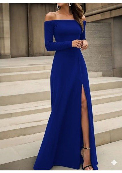 Kadın Uzun Kollu Madonna Yakalı Yırtmaç Detaylı Uzun Ithal Krep Elbise