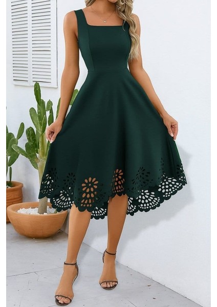 Kadın Askılı Geometrik Yaka Çiçek Lazer Kesim Ithal Krep Elbise fiyatları