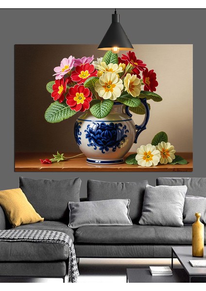 Çiçekli Vazo Natürmort Dekoratif Kanvas - Mdf Ahşap Tablo fırsatları