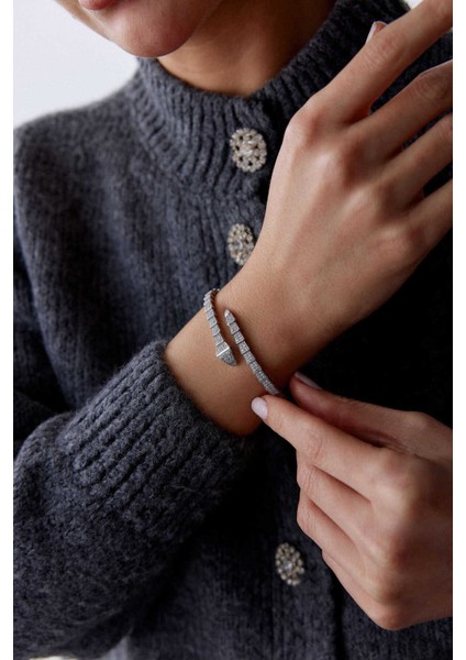 14 Ayar Altın Beyaz Altın Taşlı Snake Kelepçe