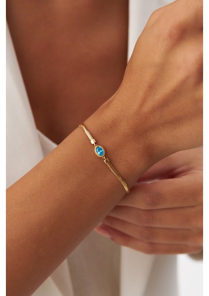 14 Ayar Altın Balık Sırtı Mavi Gözlü Bileklik modelleri