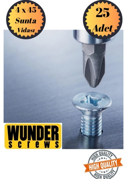 Wunder 4X45 Sunta Vidası Sivri Uçlu Ahşap Tahta Ağaç Mobilya Ayak Kulp Vidası 25 Adet