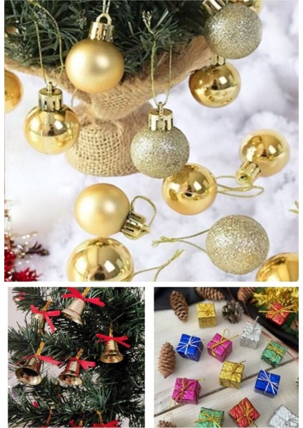 3 Lü Yılbaşı Seti 12'li Çam Ağacı Çan 12’li Gold Yılbaşı Ç.ağacı Topu 12'li Mini Hediye Paketi Süsü