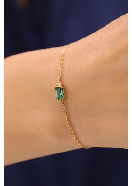 14 Ayar Altın Dikdörtgen Zümrüt Taşlı Bileklik