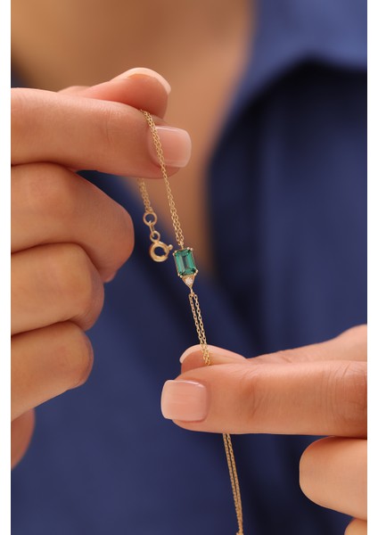 14 Ayar Altın Dikdörtgen Zümrüt Taşlı Bileklik modelleri