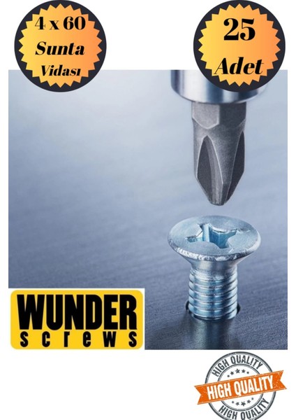 Wunder 4X60 Sunta Vidası Sivri Uçlu Ahşap Tahta Ağaç Mobilya Ayak Kulp Vidası 25 Adet