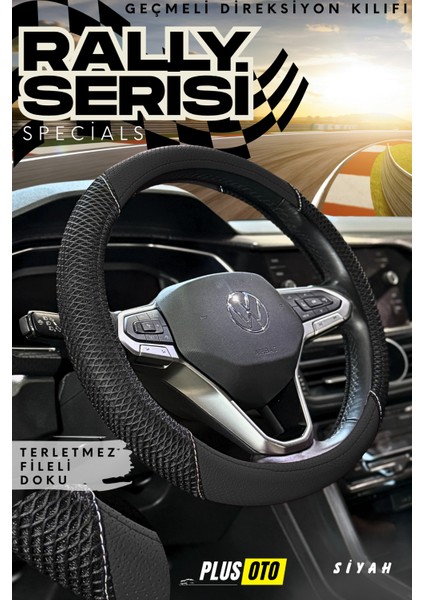 Rally Serisi Geçmeli Oto Direksiyon Kılıfı Özel Fileli Terletmez Doku ve Delikli Deri Araba Aksesuar