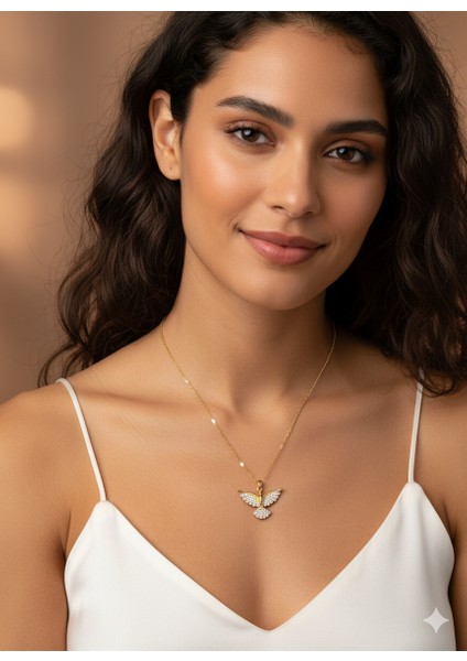 Zerafetin Sembolü Altın Renk Parlak Zirkon Taşlı, Kararmaz Paslanmaz Anka Kuşu Detaylı 40-45 cm Uzunluk Çelik Kolye