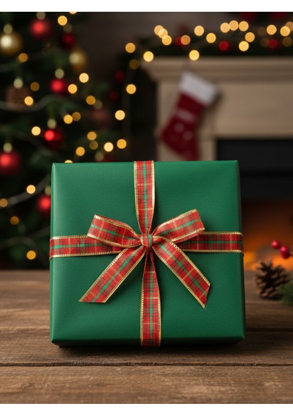 Yılbaşı Ağacı Süsleme Kurdelesi Paketleme Kurdelesi Simli Ekose Kırmızı