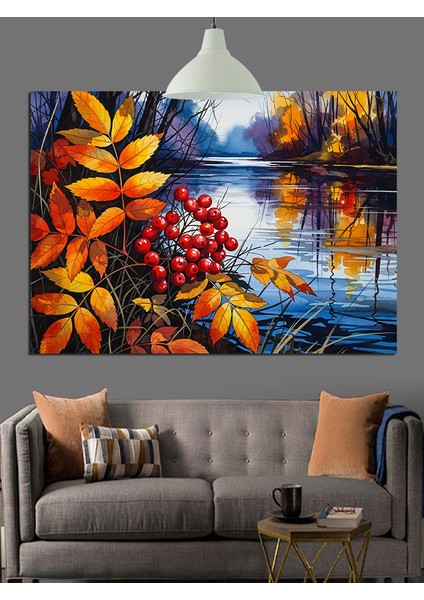 Sonbahar Çiçekleri Ile Göl Manzarası Dekoratif Kanvas - Mdf Ahşap Tablo