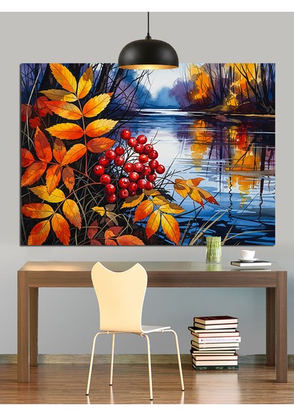 Sonbahar Çiçekleri Ile Göl Manzarası Dekoratif Kanvas - Mdf Ahşap Tablo fiyatları