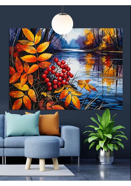 Sonbahar Çiçekleri Ile Göl Manzarası Dekoratif Kanvas - Mdf Ahşap Tablo modelleri
