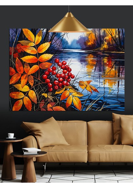 Sonbahar Çiçekleri Ile Göl Manzarası Dekoratif Kanvas - Mdf Ahşap Tablo fırsatları