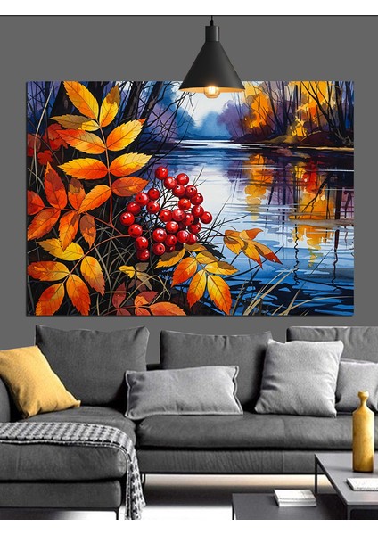 Sonbahar Çiçekleri Ile Göl Manzarası Dekoratif Kanvas - Mdf Ahşap Tablo indirimleri