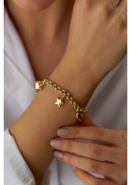 14 Ayar Altın Mineli Sallantılı Kalp Yıldız Bileklik