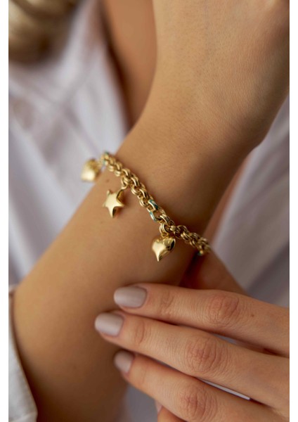 14 Ayar Altın Mineli Sallantılı Kalp Yıldız Bileklik fiyatları