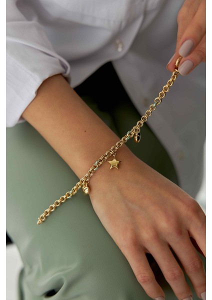 14 Ayar Altın Mineli Sallantılı Kalp Yıldız Bileklik modelleri