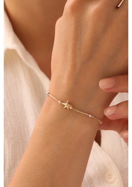 14 Ayar Altın Kalze Üç Renk Dorika Yıldız Bileklik