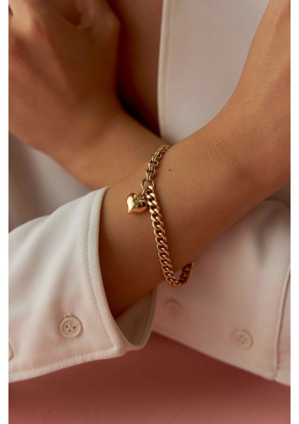 14 Ayar Altın Gurmet Doch Zincir Sallantılı Kalp Bileklik