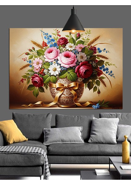 Bahar Çiçekleri Natürmort Buket Dekoratif Kanvas - Mdf Ahşap Tablo