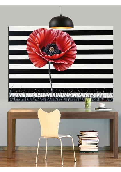 Siyah Beyaz Çizgili Kırmızı Gelincik Dekoratif Kanvas - Mdf Ahşap Tablo fiyatları