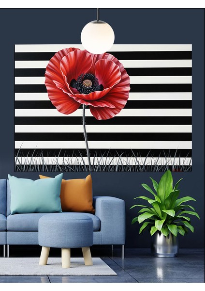 Siyah Beyaz Çizgili Kırmızı Gelincik Dekoratif Kanvas - Mdf Ahşap Tablo modelleri