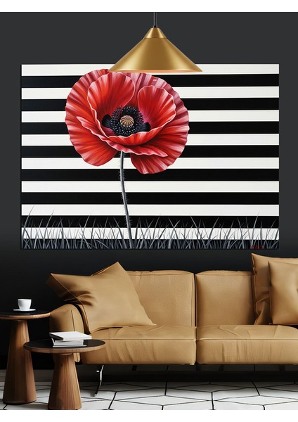 Siyah Beyaz Çizgili Kırmızı Gelincik Dekoratif Kanvas - Mdf Ahşap Tablo fırsatları