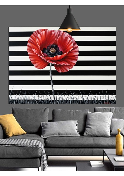 Siyah Beyaz Çizgili Kırmızı Gelincik Dekoratif Kanvas - Mdf Ahşap Tablo indirimleri