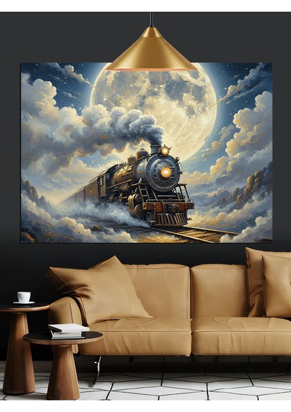 Dolunay Tren Yolu Buhar Dekoratif Kanvas - Mdf Ahşap Tablo