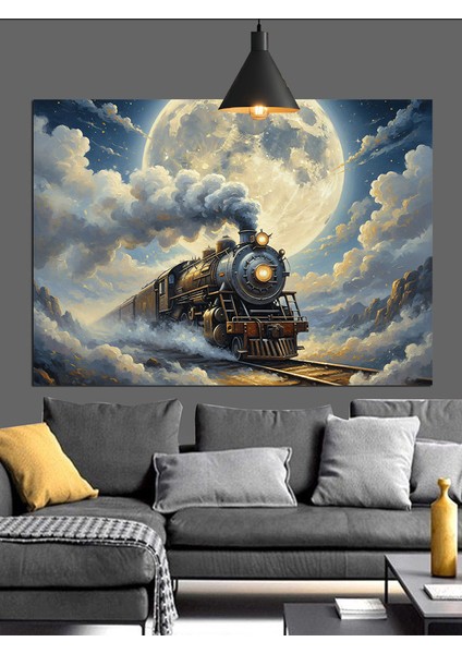 Dolunay Tren Yolu Buhar Dekoratif Kanvas - Mdf Ahşap Tablo fiyatları
