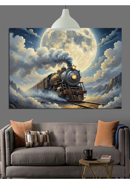 Dolunay Tren Yolu Buhar Dekoratif Kanvas - Mdf Ahşap Tablo modelleri
