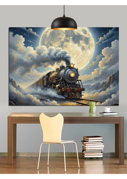 Dolunay Tren Yolu Buhar Dekoratif Kanvas - Mdf Ahşap Tablo fırsatları
