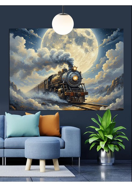 Dolunay Tren Yolu Buhar Dekoratif Kanvas - Mdf Ahşap Tablo indirimleri