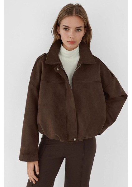 Kadın Yumuşak Dokulu Süet Bomber Ceket Koyu Mocha Kahve