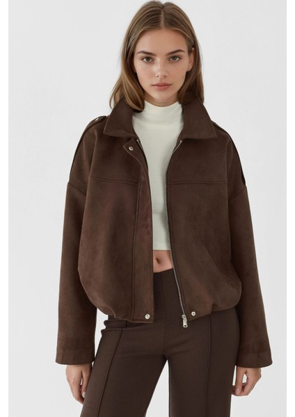 Kadın Yumuşak Dokulu Süet Bomber Ceket Koyu Mocha Kahve fiyatları