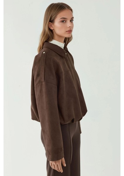 Kadın Yumuşak Dokulu Süet Bomber Ceket Koyu Mocha Kahve modelleri